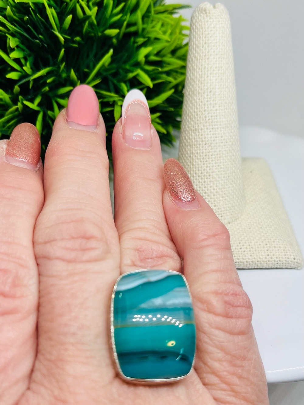 Botswana Agate Blue Ring with Banding Sterling Plated - Picture 4 of 6